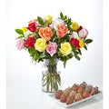 Mixed Roses and Berry Bundle - 24 Roses with Berries and Glass Vase - FedEx