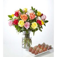 Mixed Roses and Berry Bundle - 24 Roses with Berries and Glass Vase - FedEx