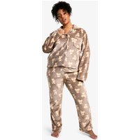 Pijama Plus De Forro Polar Con Botones Y Estampado De Osito, Brown