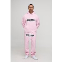 Oversized Boxy Ofclman Graphic Washed Hoodie & Relaxed Jogger Tracksuit, Pink