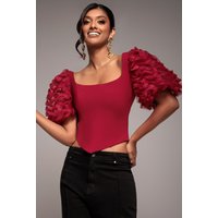 3D Textured Sleeve Scuba Corset Top - Burgundy by Goddiva