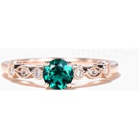 Round Cut Emerald Engagement Ring Diamond Art Deco Rose Gold Ring