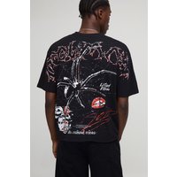 Black Oversized Spider Over Seam Raw Hem Graphic T-Shirt, Negro