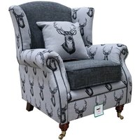 Deer Print Wing Chair Fireside High Back Armchair Grey Fabric