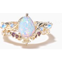 Pear Cut Opal Engagement Ring Moonstone Amethyst Nature Inspired Bridal Set