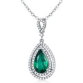 18K White Gold Diamond & Emerald Drop Shape Pendant Necklace