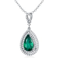 18K White Gold Diamond & Emerald Drop Shape Pendant Necklace