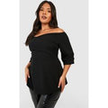 Top Plus De Scuba Con Escote Bardot Y Volante, Negro