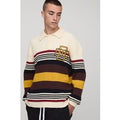 Oversized Embroidered Varsity Ribbed Knitted Polo Jumper, Cream
