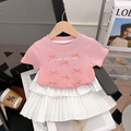 New Girls Sweet Sets Summer Kids Short Sleeve Suits Children Bow Print Tops+Pleated Skirt 2Pcs Teen Fashion Outfits 3-10 Years