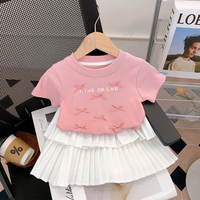 New Girls Sweet Sets Summer Kids Short Sleeve Suits Children Bow Print Tops+Pleated Skirt 2Pcs Teen Fashion Outfits 3-10 Years