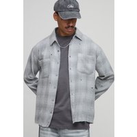 Oversized Distressed Eyelet Detail Flannel Check Shirt, Gris