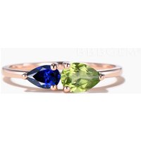 Teardrop Cut Peridot Sapphire Engagement Ring Rose Gold Toi et Moi Ring