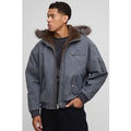 Oversized Boxy Zip Detail Faux Fur Hooded Twill Bomber Jacket, Gris