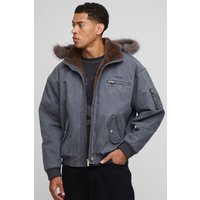 Oversized Boxy Zip Detail Faux Fur Hooded Twill Bomber Jacket, Gris