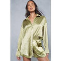 Womens Textured Crinkle Satin Oversized Shirt - olive - 10, Olive