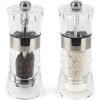 The duo of Oslo wet salt and pepper mills is composed of acrylic and stainless steel. Its shiny stainless steel ring is a perfect complement to the transparency of its body. Oslo