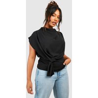Blusa Plus Con Escote Plisado Y Nudo, Negro
