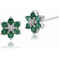 Classic Emerald & Diamond Floral Stud Earrings in 9ct White Gold