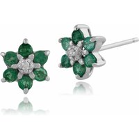Classic Emerald & Diamond Floral Stud Earrings in 9ct White Gold