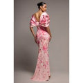 Goddiva Printed Off Shoulder Satin Bow Back Maxi Dress - Blush Pink