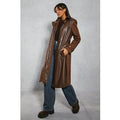 Womens Contrast Woven Leather Look Panelled Trench Coat - chocolate - 10, Chocolate