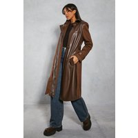 Womens Contrast Woven Leather Look Panelled Trench Coat - chocolate - 10, Chocolate