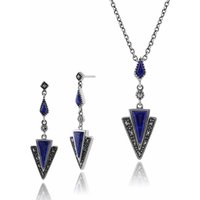 Art Deco Style Style Triangle Lapis Lazuli & Marcasite Drop Earrings & Necklace Set in 925 Sterling Silver