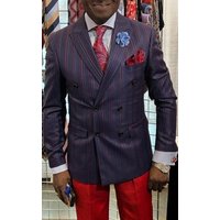 Navy Blue And Red Pinstripe Double Breasted Suit - Double Breasted Blazer