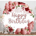 Red Pink Floral Diamond Round Happy Birthday Backdrop - Aperturee