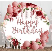 Red Pink Floral Diamond Round Happy Birthday Backdrop - Aperturee