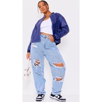 PrettyLittleThing Plus Light Wash Ripped Mom Jeans, Light Blue Wash