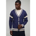 Oversized Drop Shoulder Boucle Cable Knitted Preppy Cardigan, Navy
