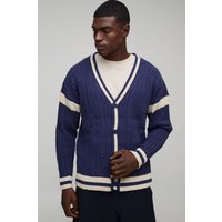 Oversized Drop Shoulder Boucle Cable Knitted Preppy Cardigan, Navy
