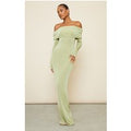 Sage Green Acetate Slinky Bardot Long Sleeve Maxi Dress