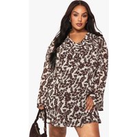 Plus Floral Ruffle Tie Front Shift Dress, Brown