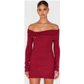 Burgundy Heavy Brushed Rib Bardot Trim Mini Dress