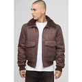 Regular Fit Boucle Borg Collar Nylon Bomber Jacket, Brown