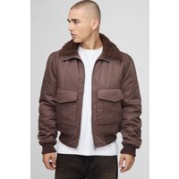 Regular Fit Boucle Borg Collar Nylon Bomber Jacket, Brown
