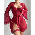 Red Lace Bodysuit with Sheer Robe, Belt & Fishnet Socks Set