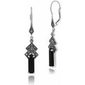 Art Deco Style Rectangle Black Onyx & Marcasite Drop Earrings in Silver