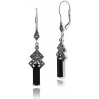 Art Deco Style Rectangle Black Onyx & Marcasite Drop Earrings in Silver