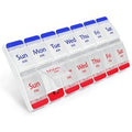 7-Day Pill Case, Push Button, 2 Times a Day AM/PM, Large Compartments, Arthritis Friendly, Clear Lids, Red/Blue, BPA Free
