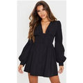 Black Button Front Fitted Puff Sleeve Skater Dress