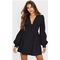 Black Button Front Fitted Puff Sleeve Skater Dress