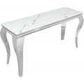 Casa Padrino Designer Konsole WeiÃ / Grau / Silber 145 x 50 x H. 75 cm - Rechteckiger Edelstahl Konsolentisch mit digitalbedrucktem Sicherheitsglas in Marmoroptik - Moderne Barock MÃ¶bel