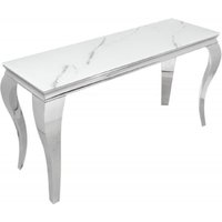 Casa Padrino Designer Konsole WeiÃ / Grau / Silber 145 x 50 x H. 75 cm - Rechteckiger Edelstahl Konsolentisch mit digitalbedrucktem Sicherheitsglas in Marmoroptik - Moderne Barock MÃ¶bel