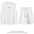 For Men's Splicing Summer Simple Breathable Round Neck Vest Shorts Five-point Pants Set Casual Rivet Decorative Sports Vest Top