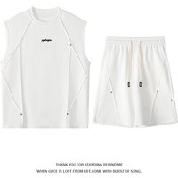 For Men's Splicing Summer Simple Breathable Round Neck Vest Shorts Five-point Pants Set Casual Rivet Decorative Sports Vest Top