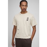 Boxy 13 Embroidered Paint Splatter T-Shirt, Beige